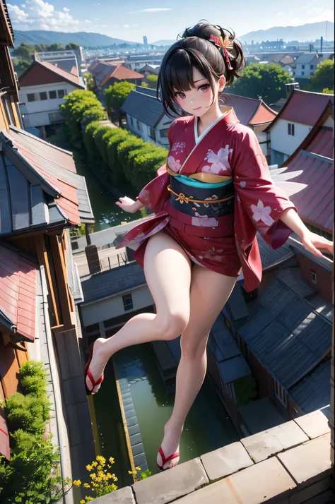 PVC,1 Female,(((( full body image )))), red kimono,((((flying)))),(((((flying over houses))))),Huge Hair,jumping( best quality,4K,8k, high definition ,masterpiece:1.2), Ultra Detailed ,(Realistic,photoRealistic,photo-Realistic:1.37), detailed face ,  beaut...