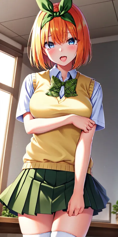 yotsubanakano, yotsuba nakano, bangs, short hair, blue eyes, hair between eyes, hair ribbon, hairband, orange hair, green ribbon,
BREAK skirt, shirt, bow, ribbon, school uniform, white shirt, short sleeves, pleated skirt, shoes, socks, collared shirt, mini...