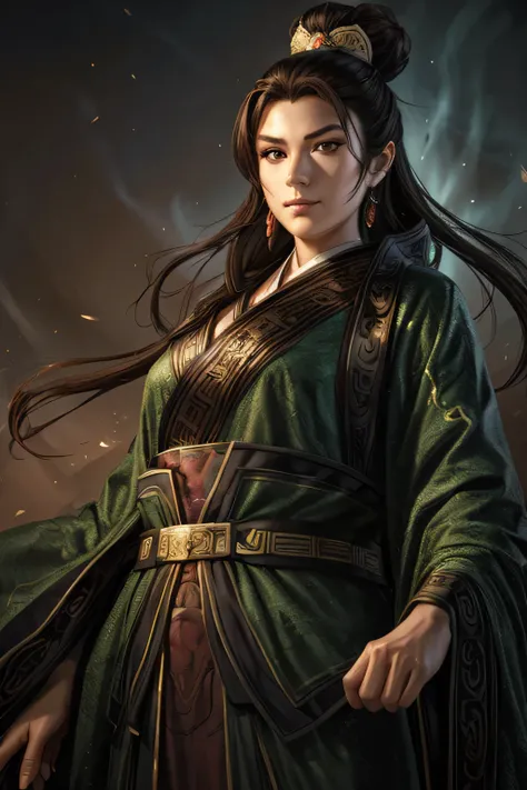 18 years old beautiful female chinese official, wearing jade robe, dark brown hair, full body, ultimate detail, 8k, UHD,close-up, full-length potrait, centered, character potrait, fantasy art, fantasy concept art, cinematic lighting, highly detailed