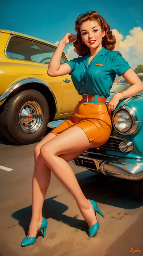 20 years old girl sitting on the ground sheet, in front of a retro car, vintage, retro pin up style, sexy, detailed everything, surprised, mini tight skirt, flowing skirt, colorful , orange and teal color scheme, masterpieces art work, illustrated,