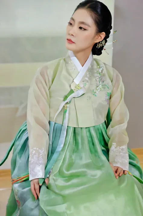 A Korean man in womens hanbok, hi is crossdresser, His face and hairstyle are very masculine, silk, Mother of the Bride hanbok Dress Outfit, breasts like a woman, light green, slender female body, see-through short jacket, satin, little side view, full bod...