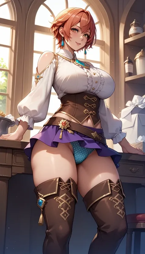 (Golden Ratio,Tabletop, Highest quality, Highest quality, beautifully、beautiful:1.2), Very detailed, colorful,Best details, (Adult,19 years old,One Girl, alone, Final Fantasy 12,Asheria, short hair, short hair,Asheria Costume, Huge , mini skirt,Polka dot p...