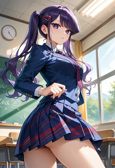 Komi Shouko, purple hair, purple eyes, hair ornament, hairclip, long hair, swept bangs, twintails, wavy hair, BREAK school uniform, shirt, skirt, jacket, necktie, BREAK looking at viewer,from below,Transparent buttocks,Butt crack emphasis,facing back,Pose ...