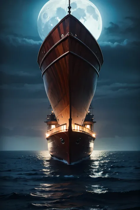 High Resolution, Masterpiece, Anatomically Correct, Anatomically Correct, Best Quality, Best Quality, UHD, of wooden ship 🚢 in the dark sea,sky was also darker and horror with face moon bright light.