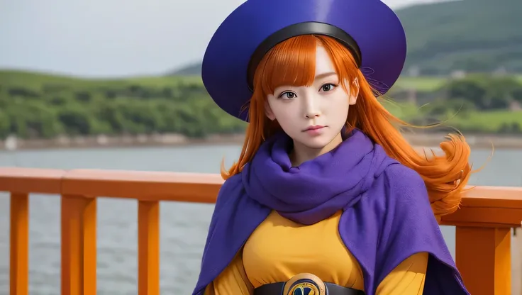Girl、 has orange wavy hair and purple eyes。Wear a big blue hat、 also wears a blue cloak 。 serious expressions、Wears a yellow tunic 、 has a waist tightened with black tights and a belt 。 wears orange gloves on her hands 、 wears orange boots around her feet ...