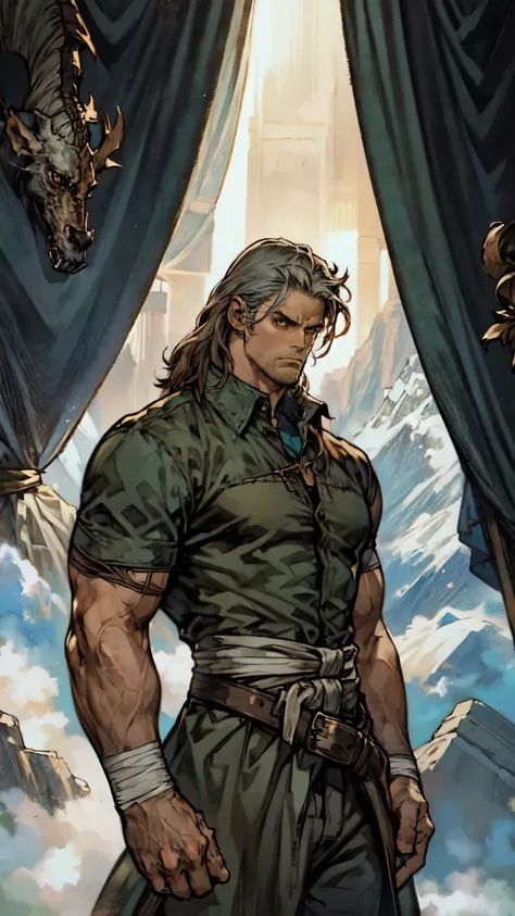 (masterpiece:1.2, best quality:1.2, extremely delicate:1.2), ((male:1.5)), a middle-aged man with wild disheveled long teal hair, resolute gaze, serious expression, ruggedly handsome face, some stubble, simple fantasy-style two-piece hunter outfit, a gray ...