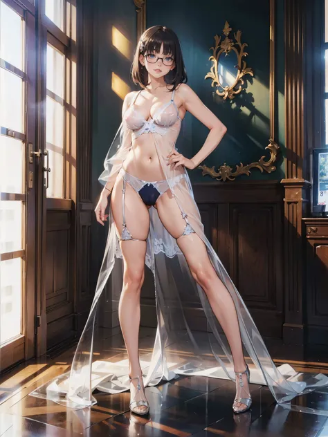 anime - style illustration of a  high school girl in a (super ultra detailed 8k transparent silk lingerie:1.5), anime character, official character art, trending on e-girl, feminine, full body, female anime girl, obscene Posing:1.5, blunt bangs, glasses, (...