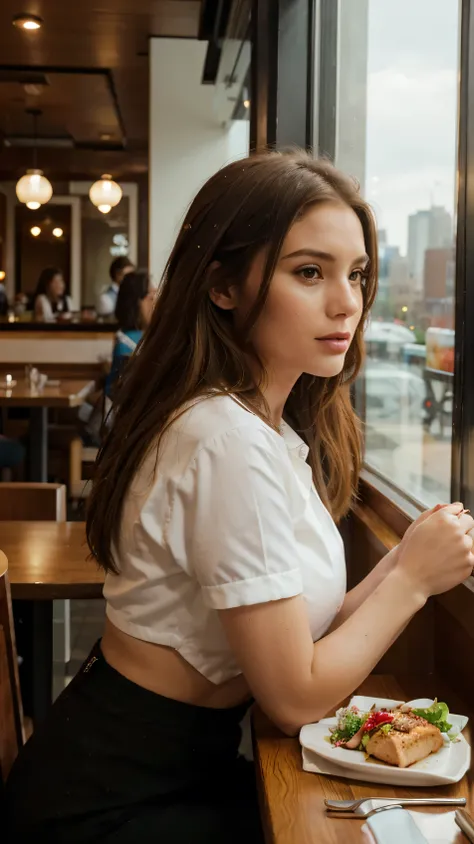  Create a realistic image of a 27-year-old woman ,  brown hair, white pele, having lunch at a restaurant in New York .  The photo must be taken from a side angle ,  showing the woman looking concentrated outside.  The restaurant environment must be elegant...