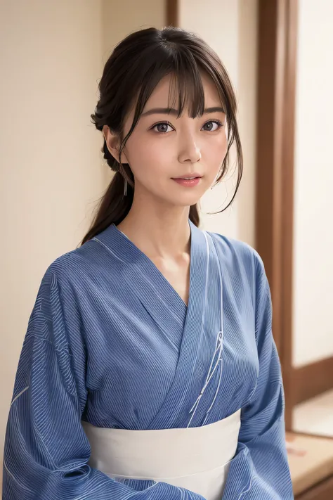  Beautiful young woman bust up Portrait、
 The yukata is light blue 、 Delicate ripple pattern on a white background 、
 the yukata is worn correctly 、 the collar is slightly loose and the neck is slightly visible、
 the collar is slightly open 、 the white col...