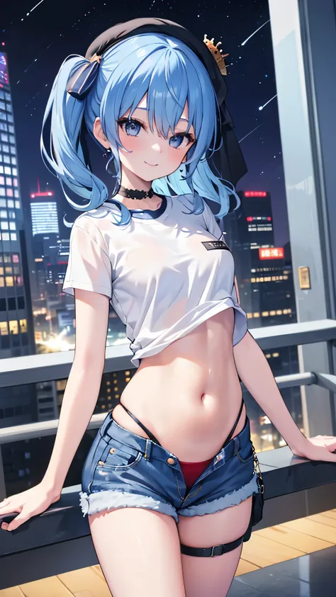 (8k、Best image quality、highest quality)、Detailed face、 1teen_girl、Blue Hair、Long Hair、sideponytail、dark_blue_eyes、smile,(peek_navel:0.7),(small_breasts:0.8),(White_T-shirt:1.3)、Off_shoulder、Black shoulder straps、(open_front_shorts,denim_short_shorts:1.2)、C...