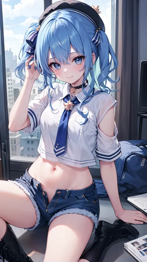 (8k、best image quality、highest quality)、detailed face、 1teen_girl、blue hair、long hair、sideponytail、dark_blue_eyes、smile,(peek_na...