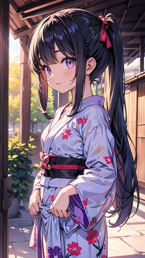  super detailed,(masterpiece)、(  best quality)、 1.  has a very detailed face , Loli,Loli,Loli, straight hair , Black Hair, student, ponytails bleeding from the vagina,  very small breasts , Extremely large droopy eyes  ,  purple  ,Outdoor,8k ,yukata ,