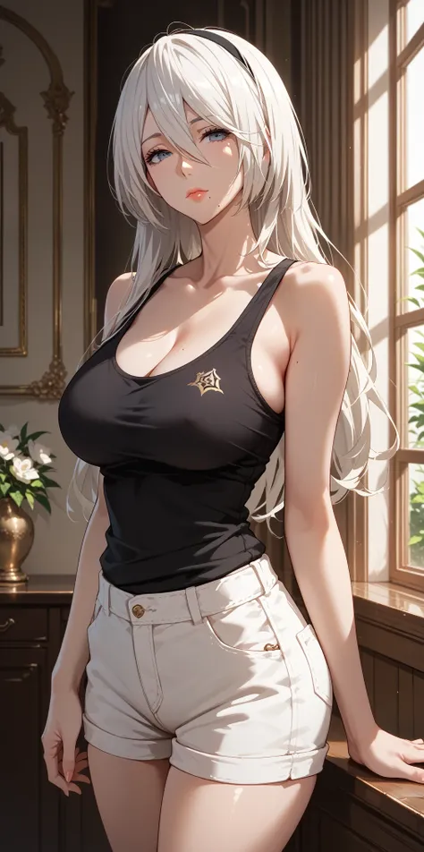 Score_9, Score_8_up, Score_7_up, Source_anime, anime art, anime style, very aesthetic, masterpiece, high quality, 1girl, cool character, mature woman, milf, curvaceous, mole under mouth, black tank top, short pants, white hair, long hair, hair between eyes...