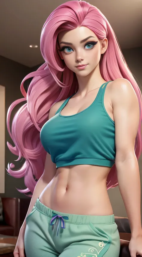 ((best quality)), ((highly detailed)), masterpiece, (detailed eyes, deep eyes), (1girl), dynamic angle, cowboy shot, mlpfluttershy, pink hair, hair ornament, blue eyes, green tank top, green sweat pants, slight smile (beautiful living room, afternoon)