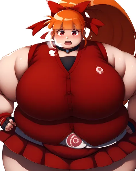 score_9, score_8_up, score_7_up,
akazutsumi momoko, 1girl,solo,long hair,red eyes,blunt bangs,orange hair, ponytail,red bow, fingerless gloves, skirt, belt, red vest, ,fat, chubby, obese, gigantic arms and legs, large breasts open mouth, out of breath
