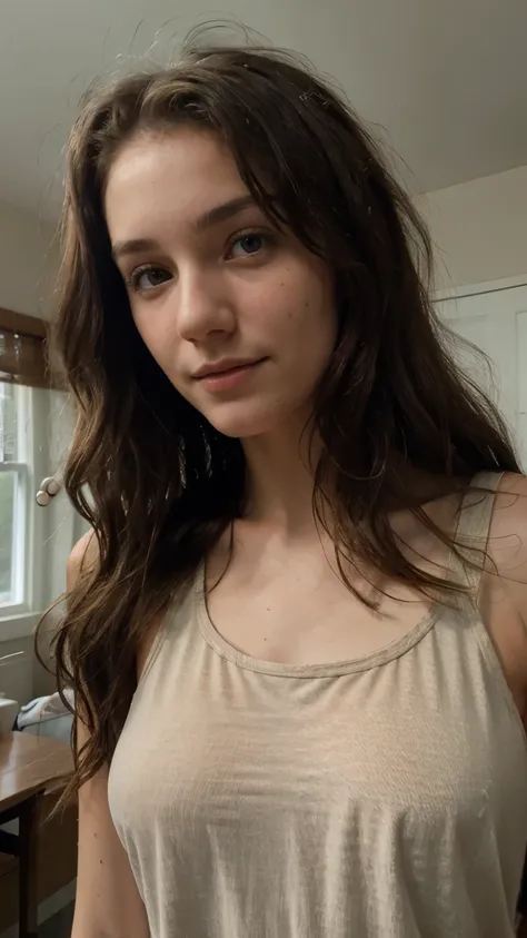 18 year old canada woman, tank top, slender, wavy hair, indoor, bare face, close-up shot 