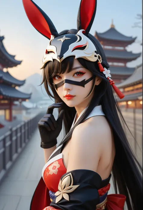 Long-range view, 1 girl,(sparkle (honkai: star rail),1girl,Alone,gloves,mask,japanese clothes,black gloves,bare shoulders) Long hair, Bangs between the eyes, straight hair, รอยยิ้มEvil, Evil, Red eyes, Multiple perspective view, Personal view, Rabbit Mask,...