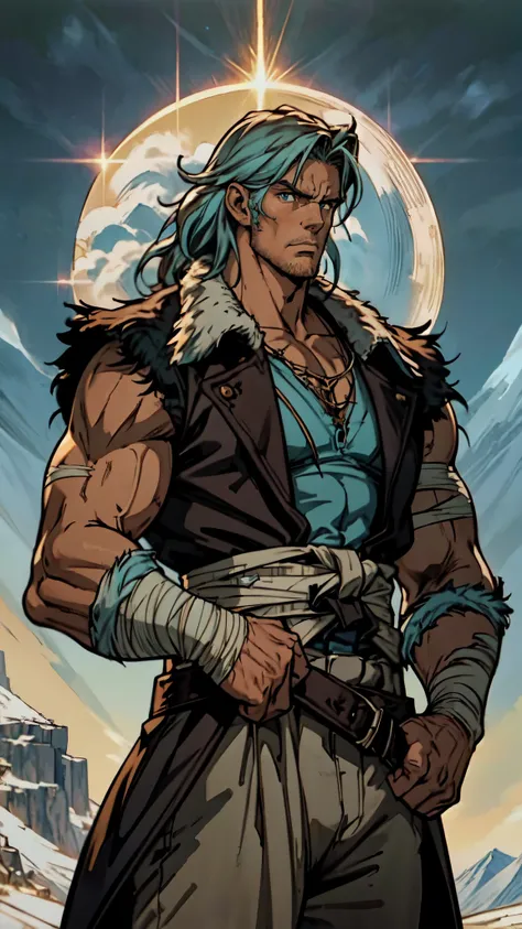 (masterpiece:1.2, best quality:1.2, extremely delicate:1.2), ((male:1.5)), a middle-aged man with wild disheveled long teal hair, resolute gaze, serious expression, ruggedly handsome face, some stubble, simple fantasy-style two-piece hunter outfit, a gray ...