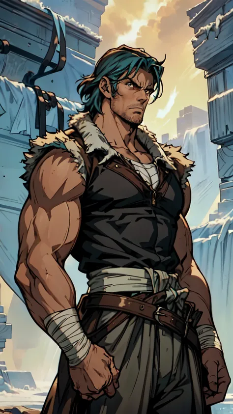 (masterpiece:1.2, best quality:1.2, extremely delicate:1.2), ((male:1.5)), a middle-aged man with wild disheveled long teal hair, resolute gaze, serious expression, ruggedly handsome face, some stubble, simple fantasy-style two-piece hunter outfit, a gray ...