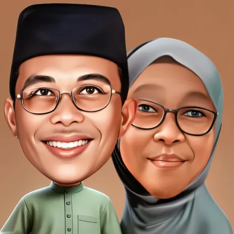 a close up of a cartoon of a man and woman hijab, muslim Indonesian, caricature illustration, in cartoon style, caricature, happy couple, digital art cartoon, caricature style, caricature!!!, cartoon portrait, cartoon digital art, couple, realistic cartoon...