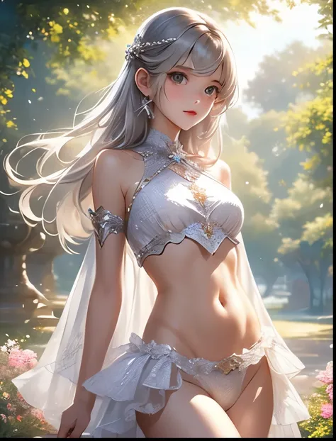 （（（ＳＦＷ、Precision、Highest quality、A first-class masterpiece、Normal body、8k、  Detailed Face 、Ultra-precision、 Normal hand、５refer to、Highest）））、Neat, pretty, ish, and cute silver-haired girl wearing a slave-like belly slave-like super high-leg costume