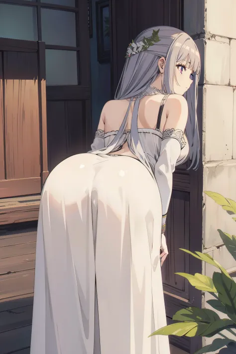 lewd fern, goddess of beauty, silver hair, beautiful dress, image from behind, perfect ass, face down ass up, panties, bending over, seductive 