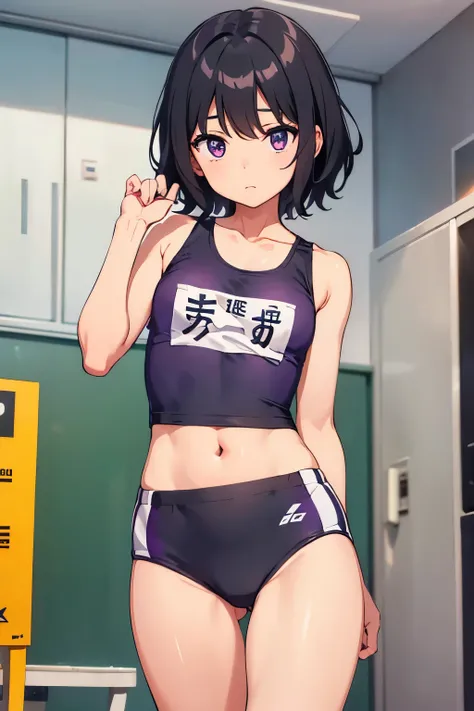  elementary school  toddler flat chest black hair wavy short hair　 Purple Eyes （（One person））track and field racing uniform　 locker room　 dressing room　 standing　Lower body center dynamic angle low angle 