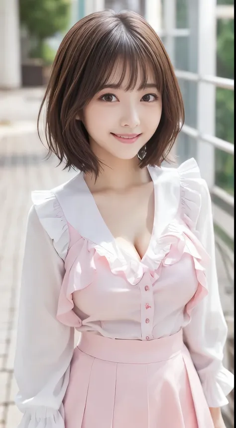 .................,, In front of school、 skirt 、Pearl pink long sleeve shirt with ruffles on the chest、格子柄 skirt、On, , sakimichan,, So cute and cute , nice smile, sakimichan hdri、Lori、 boobs、Beautiful breasts 、,(Big Breasts:1.20),(:1)、 brown hair、 brown h...