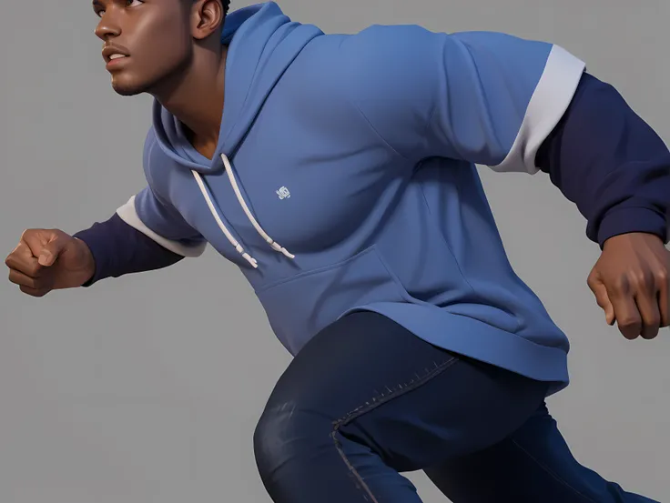 Looking up，man， a black African man， with a sense of strength ，Man with strong muscles ，(sideways:0.5)，Running posture，Hand in hand ， Wear a hooded hoodie ，casual sweatshirt， Chunky Blue Short Sleeve Hoodie，Autumn/Winter Sweatshirt ，Thick hoodie ， Long bla...