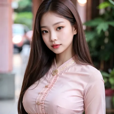 1 Girl, Beautiful, like jennie kim face, dark brown hair colour, straight long hair, pale Skin, ,pink lips, Colossal Breasts, Sexy Pose, Pastel Colour, brown eyes, Muscles, Bokeh, Masterpiece, wearing kebaya bali cloth