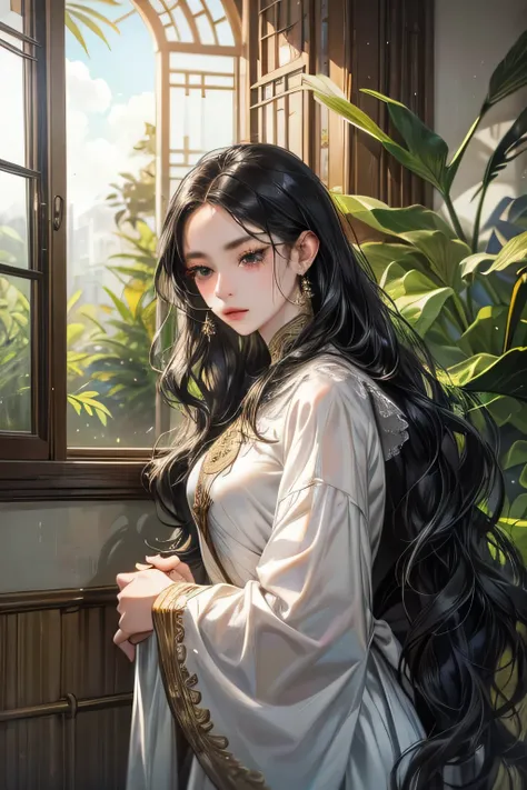 1woman facing in front of the window, light white home, bamboo gardens, sad face and feeling, black eyes, long black wavy hair, white dress, javanese style, masterpiece