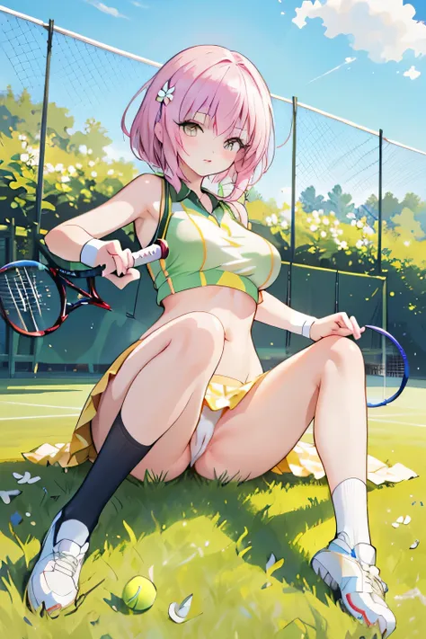 nsfw. She is wearing a yellow tennis outfit, with her white undergarments visible. She holds a single tennis racket with both hands in a poised and focused manner. The lush green grass tennis court stretches out in the background.masterpiece, best quality,...