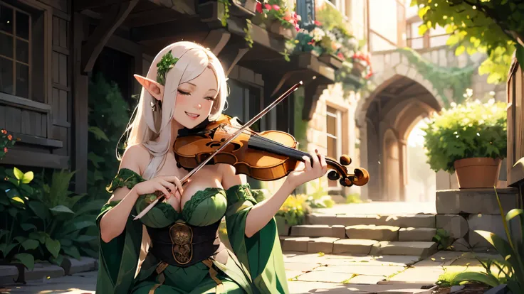 beautiful adult elf woman big breast with long flowing white hair long leg ,wearing green sexy gown , sitting the garden of flower , playing violin , happy face  , medieval town , warm sunlight shines , dappled warm glowing particle of dust surrounding , a...