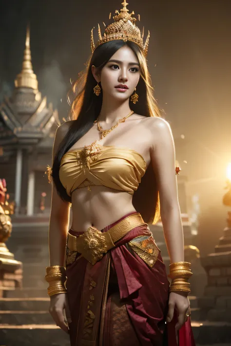 beautiful girl ,Thailand Female Warior, walking at thai temple, dynamic poses, chut thai dress, strapless shirt, long hair,black eyes,abdominal muscles, plumpy body, rounded breast, (big breast:1.3), cleavage, Morning sunshine, Eyes on the audience, (sexy ...