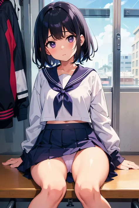  elementary school  toddler flat chest black hair wavy short hair　 Purple Eyes 　 Embarrassing Facial Expression 　（（One person））Half Sleeve Sailor Suit　　 lower body navy blue mini skirt　 white panties that fit the knee　（（ Panties visible ））　 holding white s...