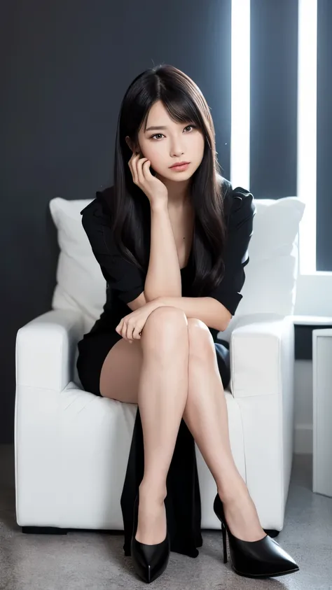 A stunning woman wearing a sleek black dress, sitting elegantly on a modern chair. She has long flowing hair and wears high heels that complement her dress. The setting is minimalistic, with soft lighting that highlights her poised and graceful demeanor. T...