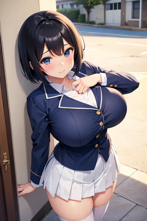  high school girls。uniform。 with very big breasts 。Bob。 feminine sexy style。 Im rubbing my chest myself。