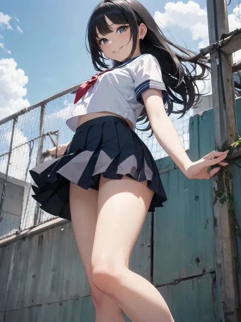   very cute and beautiful girl ,(  Very detailedで美しい顔と目:1.2),
smile,  black hair,    sailor school uniform  ,(  Wear a dark blue pleated miniskirt ),(from below  :1.2),Looking Back,  from behind,  are slouched forward,
summer, School Rooftop ,  Building,Ch...