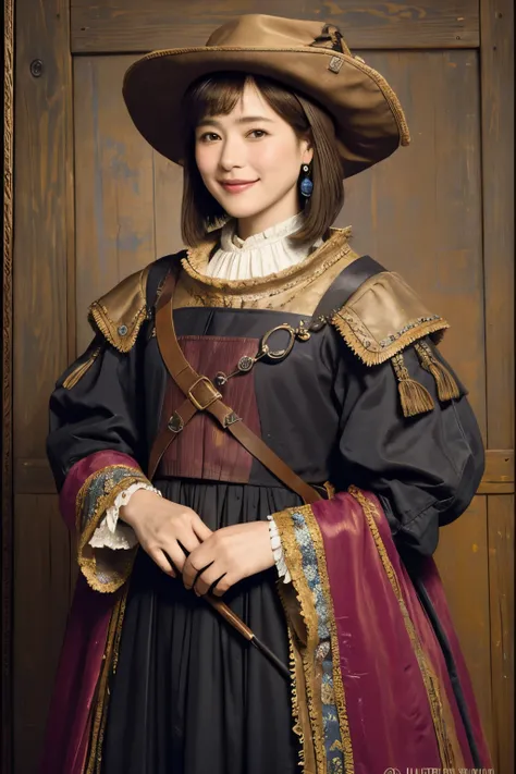 327 (20 year old woman and horse ), ( super real ), (horse barn、There is a horse), ( short hair), (smile), (( gorgeous costume、 colorful )), (( Rembrandt-style painting))