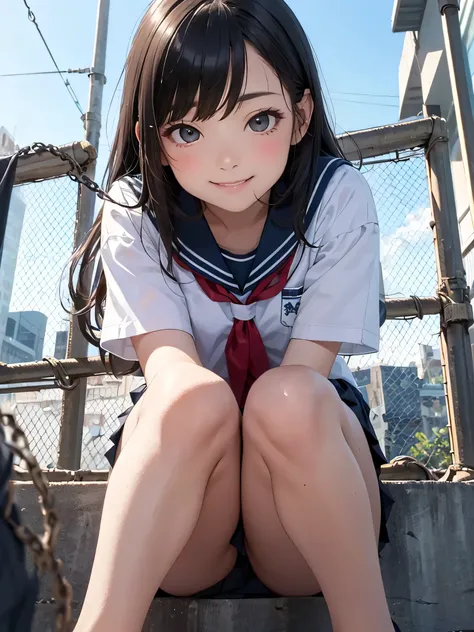    very cute and beautiful girl ,(   very detailedで美しい顔と目:1.2),
smile,   black hair,      sailor school uniform   ,(   wear a dark blue pleated mini skirt ),( from below  :1.2),Looking Back,   chest hanging from behind ,   we are leaning forward ,
summer, ...