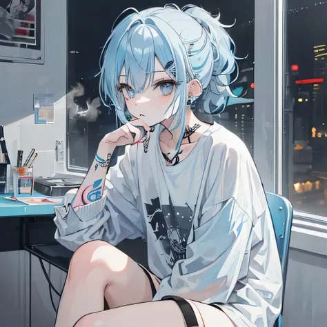 (((1 person))), ((((Alone)))), ((Messy hairstyle)), ((( Light Blue Hair ))， ear piercings ， cigarettes，tattoo，hairpin， sit on a chair， Look Down， crosses legs，High image quality