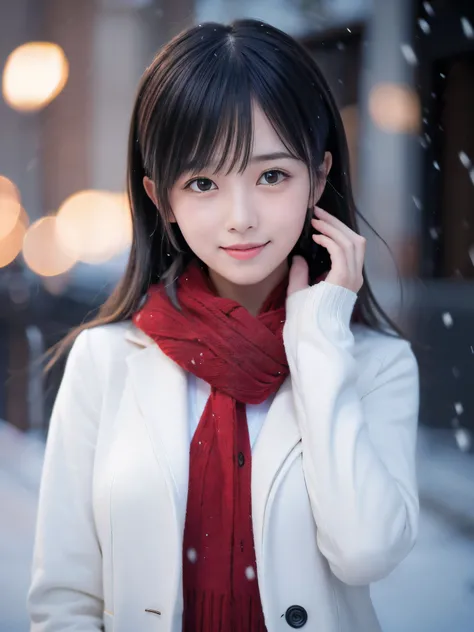 (Close-up face shot of one slender small breasts two side up black medium hair with bangs girl in a winter white long coat, knit sweater and red scarf:1.5)、(One girl is happy smiling with tears:1.5)、(Very beautiful Christmas illumination night:1.5)、(Heavy ...