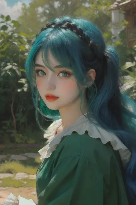 A girl with blue hair and emerald green eyes