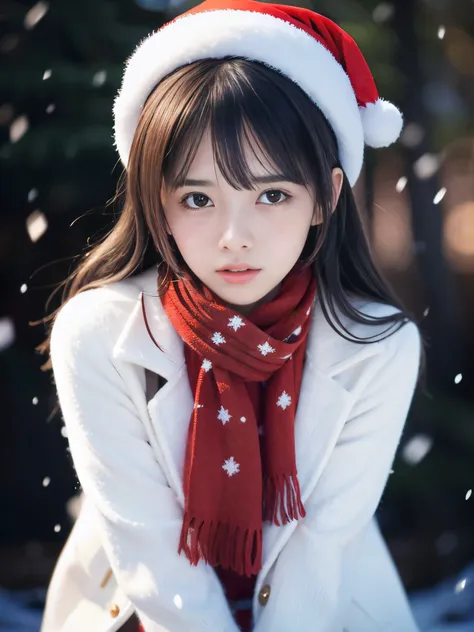 (close-up face shot of one slender small breasts two side up black medium hair with bangs girl in a winter white long coat, knit...