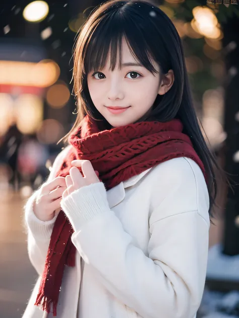 (Close-up face shot of one slender small breasts two side up black medium hair with bangs girl in a winter white long coat, knit sweater and red scarf:1.5)、(One girl is holding a big gift box on glove hands with happy smile:1.5)、(Very beautiful Christmas i...