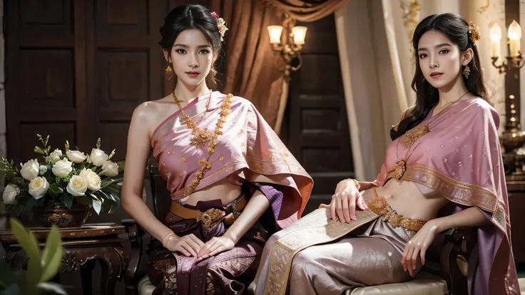 (raw photos:1.2), (realistic:1.4), (Masterpiece:1.3), (best quality:1.4), Ultra high resolution, (Detailed eyes), (Detailed facial features), (Detailed clothing features), HDR, 8k resolution, Focus only, Dressing according to Thai tradition, Traditional sh...