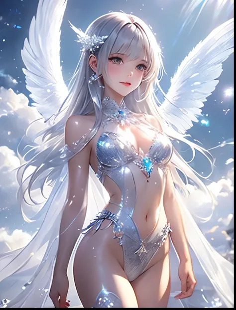 （（（ＳＦＷ、Precision、Highest quality、A first-class masterpiece、Normal body、8k、  Detailed Face 、Ultra-precision、 Normal hand、５refer to、Highest）））、Neat, pretty, ish, and cute silver-haired girl wearing a transparent, super high-leg costume with an angelic belly