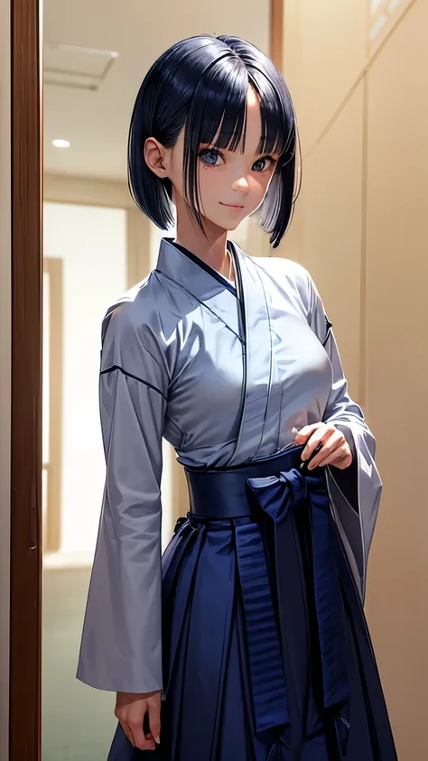 A 30 year old  white skin Japanese lady (( slender body and extra very small breast:1.3 )),((indigo color very short hair:1.5))((much amount of straight asymmetrical forelock:1.6)),((modern girl hairstyle:1.8)),((long sleeves indigo blue hakama:1.5))((lovi...