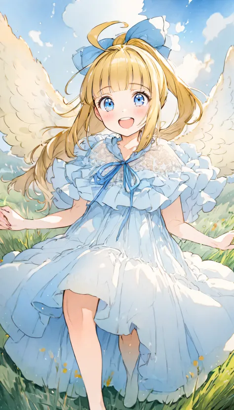 A fusion of oil and watercolor,  best quality, Super fine, 16k,  Incredibly Dumb ,  Very detailed, Delicate and dynamic,  cute woman, baby face, smile,  happy , shy, Blonde straight hair , Ahoge,  Angel Wings ,  poncho-like dress with white to light blue r...