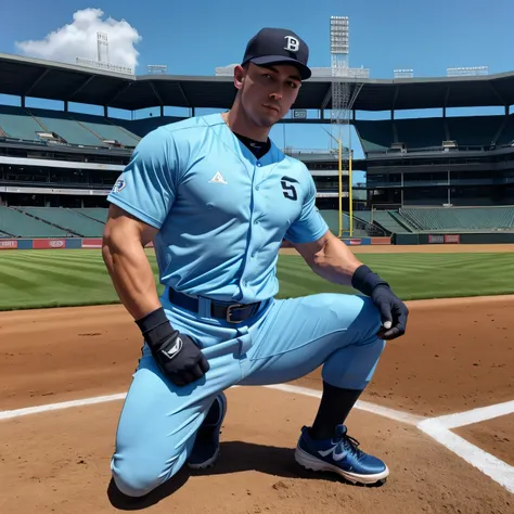 30years old,One Man, baseball players with dreams、Muscular、Light blue uniform、Light blue uniformの長ズボン、 black belt、 Black Gloves 、 black spike shoes。Black baseball hat、Muscular、Baseball Stadium。 cm apart、 legs open、Handsome American face　　